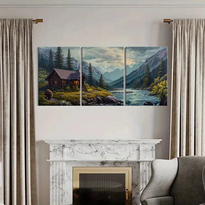 3pcs Rustic Mountain Cabin Bear & River Landscape Metal Print Ready to Hang Art - Bella Home Decor
