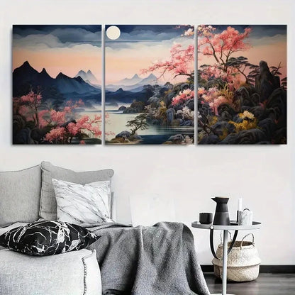 3pcs Cherry Blossom Moonlit Japanese Wall Art Set Canvas Framed 60x90cm - High Quality Print 100% Australian Made Wall Canvas Ready to Hang - Bella Home Decor