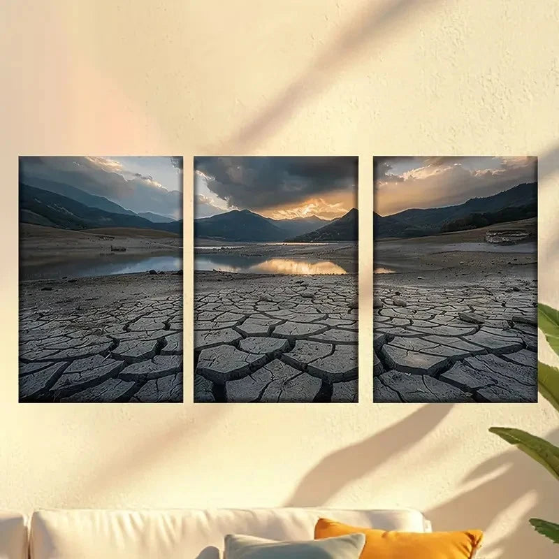 3pcs Drought with Serene Lake & Mountains 50x70cm - High Quality Print 100% Australian Made Wall Canvas Ready to Hang - Bella Home Decor
