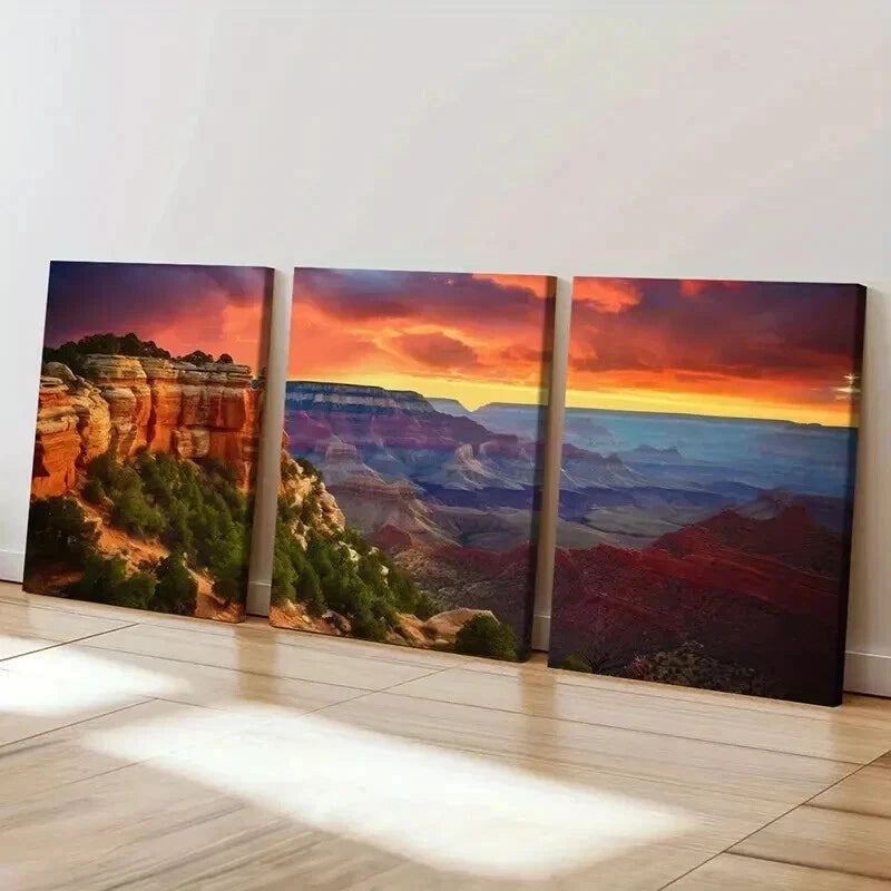 3pcs Grand Canyon Sunset Vibrant Layered Cliffs Wall Art Set Canvas Framed 60x90cm - High Quality Print 100% Australian Made Wall Canvas Ready to Hang - Bella Home Decor