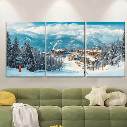 3pcs Snow-Covered Mountains & Cabin Metal Print Ready to Hang Art