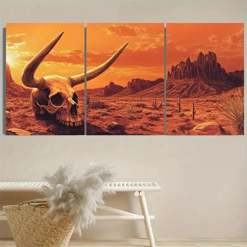 3pcs Cow Skull Western Retro Desert Arizona Sunset Metal Print Ready to Hang Art - Bella Home Decor