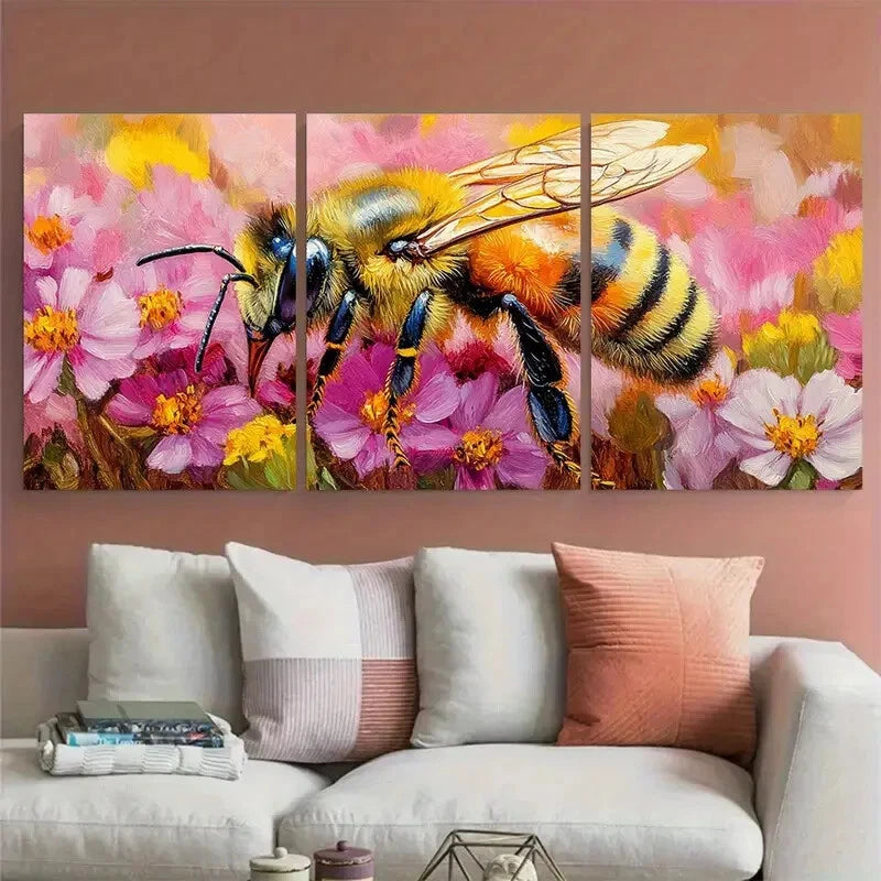 3pcs Vibrant Honeybee on Pink Florals Metal Print Ready to Hang Art - Bella Home Decor