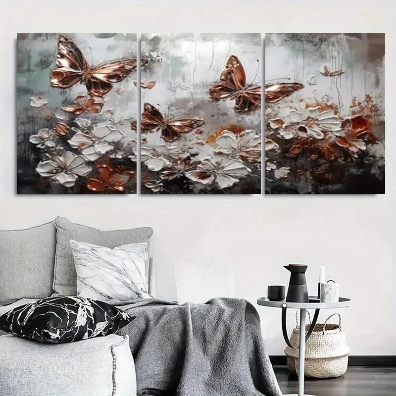 3pcs Golden Butterflies & White Flowers Metal Print Ready to Hang Art - Bella Home Decor