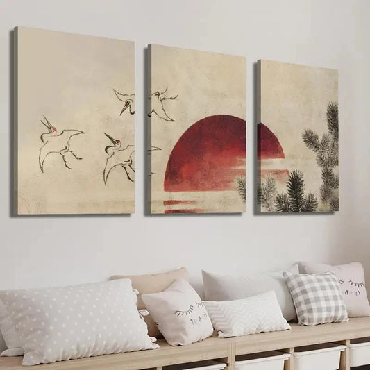 3pcs Vintage Japanese Crane Bird And Sunset Wall Art Set Canvas Framed 50x70cm - High Quality Print 100% Australian Made Wall Canvas Ready to Hang
