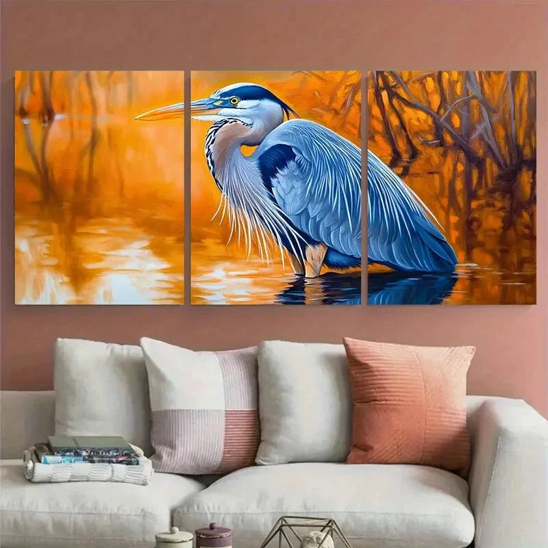 3pcs Great Blue Heron Painting Swamp Animals Metal Print Ready to Hang Art - Bella Home Decor