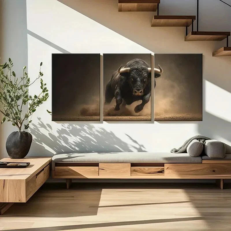 3pcs Bull Charge Dust Cloud Dynamic Action Metal Print Ready to Hang Art - Bella Home Decor