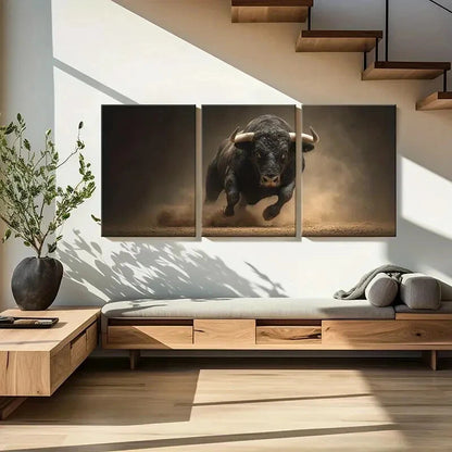3pcs Bull Charge Dust Cloud Dynamic Action Metal Print Ready to Hang Art - Bella Home Decor