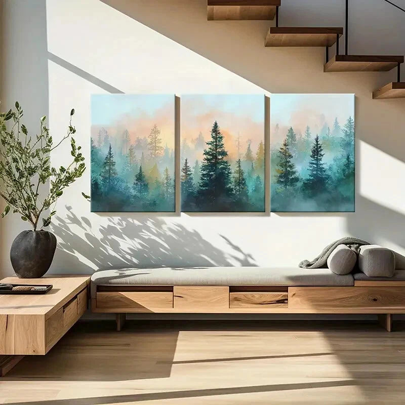 3pcs Forest Silhouette Misty Nature Landscape Metal Print Ready to Hang Art - Bella Home Decor