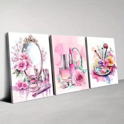 3pcs Vintage Fabric Floral Beauty Makeup Theme Canvas Unframed - High Quality Print 100% Australian Made Wall Canvas