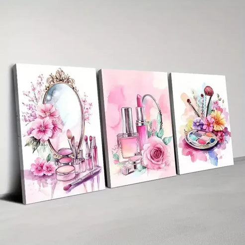 3pcs Vintage Fabric Floral Beauty Makeup Theme Canvas Unframed - High Quality Print 100% Australian Made Wall Canvas
