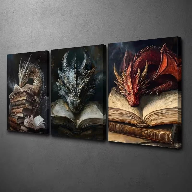 3pcs Mythical Dragon & Creatures Wall Art Set Canvas Framed 60x90cm - High Quality Print 100% Australian Made Wall Canvas Ready to Hang