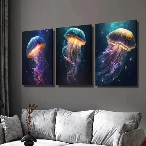 3pcs Vibrant Galaxy Jellyfish Sea Life Wall Art Canvas Unframed - High Quality Print 100% Australian Made Wall Canvas