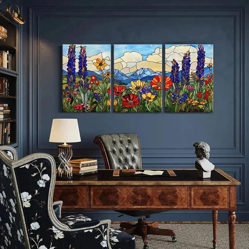 3pcs Stained Glass Wildflowers Mountain Landscape Metal Print Ready to Hang Art - Bella Home Decor