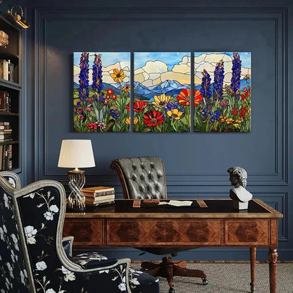 3pcs Stained Glass Wildflowers Mountain Landscape Metal Print Ready to Hang Art - Bella Home Decor