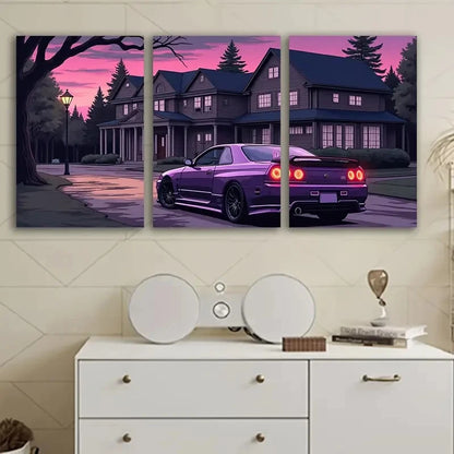 3pcs Purple Sports Car Wall Art Set Canvas Framed 60x90cm - High Quality Print 100% Australian Made Wall Canvas Ready to Hang