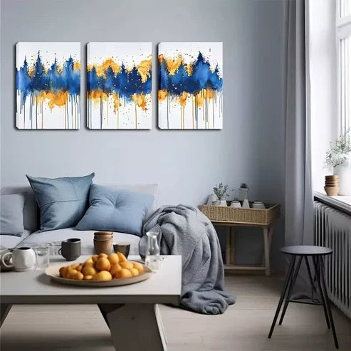 3pcs Vibrant Blue & Golden Tree Design Wall Art Set Canvas Unframed - High Quality Print 100% Australian Made Wall Canvas