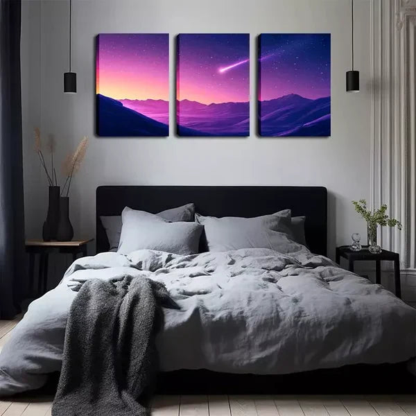 3pcs Purple Sky, Comet, Attractive Artwork Wall Art Set Canvas Framed 60x90cm - High Quality Print 100% Australian Made Wall Canvas Ready to Hang - Bella Home Decor