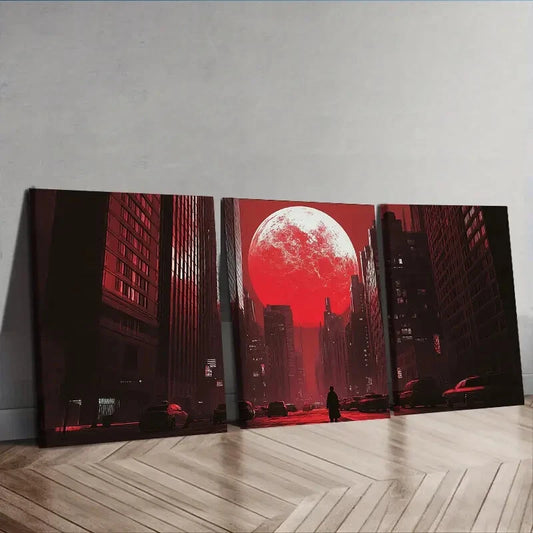 3pcs The Moon Over the City Wall Art Set Canvas Framed 40x60cm - High Quality Print 100% Australian Made Wall Canvas Ready to Hang