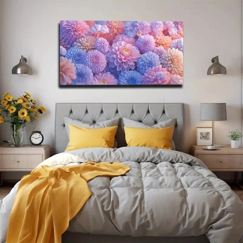 Bedroom with a colorful floral painting above the bed, yellow pillows, and decorative elements.
