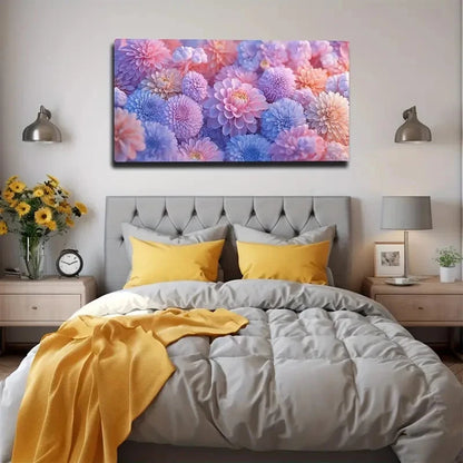 Bedroom with a colorful floral painting above the bed, yellow pillows, and decorative elements.