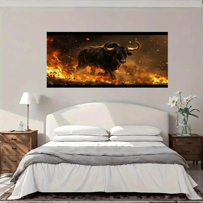 Wild Bull In Flames Dynamic Wall Art Canvas Office Home Room Framed 120x60cm