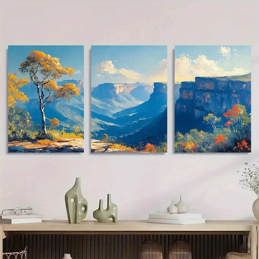 3pcs The Blue Mountains Painting Metal Print Ready to Hang Art