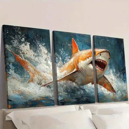 3pcs Tiger Shark Painting Ocean SeascapeI I Wall Art Set Canvas Unframed - High Quality Print 100% Australian Made Wall Canvas - Bella Home Decor