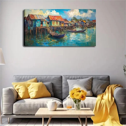 Houses And Fishing Boats Wall Art canvas office home room framed 120x60cm
