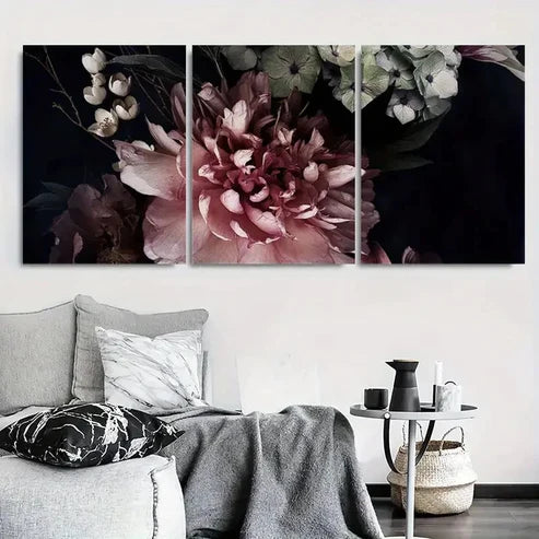 3pcs Dramatic Dark Floral Peony and Hydrangea Wall Art Canvas Unframed - High Quality Print 100% Australian Made Wall Canvas - Bella Home Decor