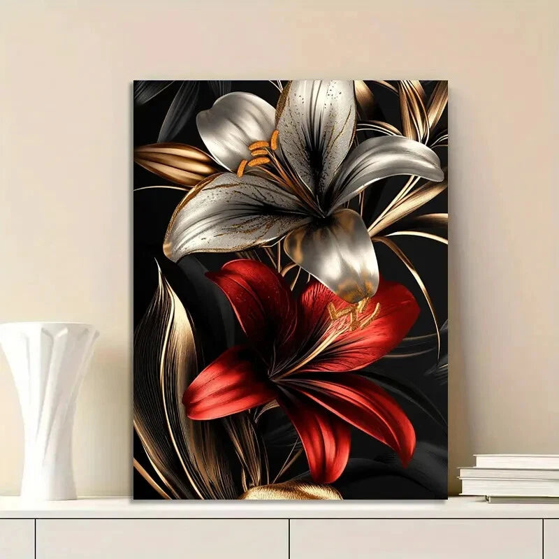 Flower Design, Golden And Red Color Lily Flowers 40x60cm Metal Print Ready to Hang