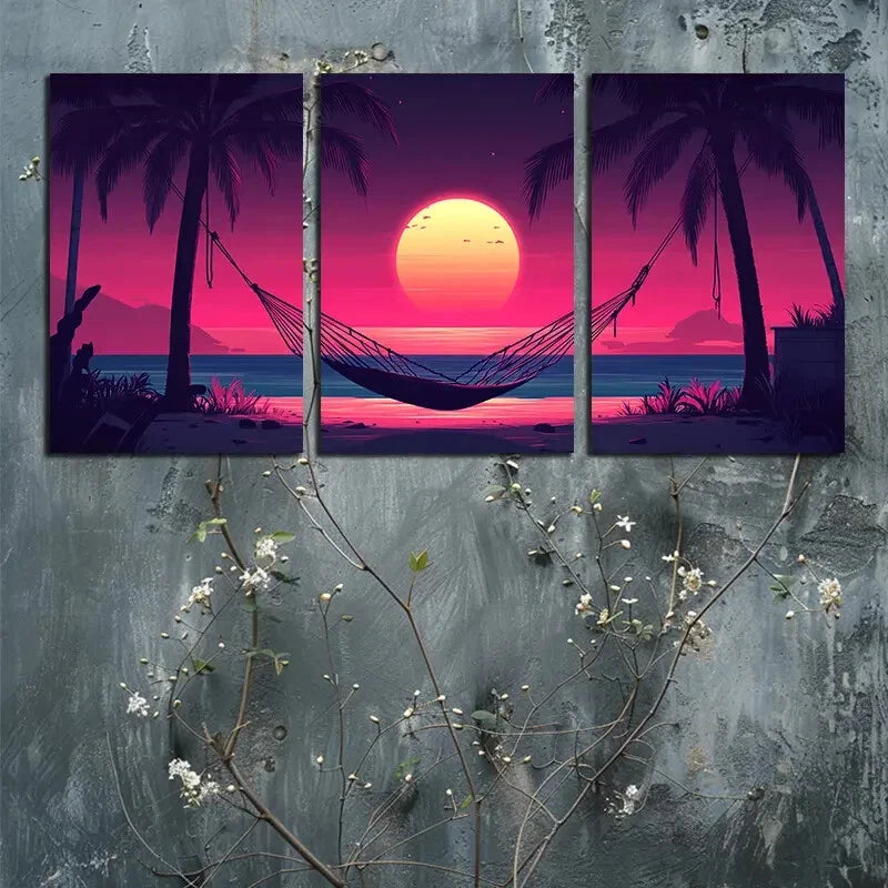 3pcs Vibrant Tropical Hammock Sunset Scene Metal Print Ready to Hang Art - Bella Home Decor