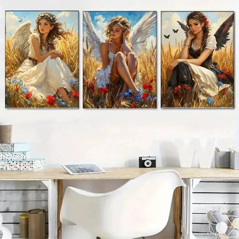 3pcs Enchanting Angel Girls in Wheat Field Wall Art Set Wall Art Canvas Unframed - High Quality Print 100% Australian Made Wall Canvas