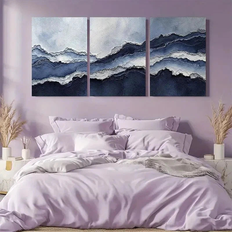 3pcs Abstract Deep Blue and White Wave Wall Art Metal Print Ready to Hang Art - Bella Home Decor