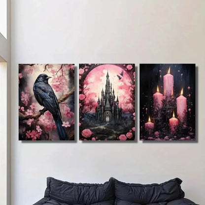 3pcs Vintage Dark Academia Pink  with Crow Wall Art Set Canvas Framed 40x60cm - High Quality Print 100% Australian Made Wall Canvas Ready to Hang - Bella Home Decor