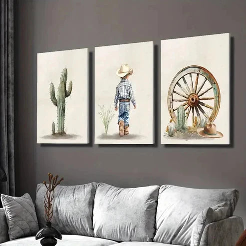 3pcs Green Cactus Cowboy Boy Desert Theme Art Set Canvas Unframed - High Quality Print 100% Australian Made Wall Canvas