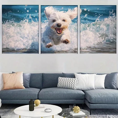 3pcs Playful White Dog Jumping in Ocean Waves Wall Art Set Canvas Unframed - High Quality Print 100% Australian Made Wall Canvas