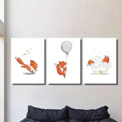 3pcs Vibrant Cartoon Foxes in Playful Scenes Wall Art Set Canvas Unframed - High Quality Print 100% Australian Made Wall Canvas