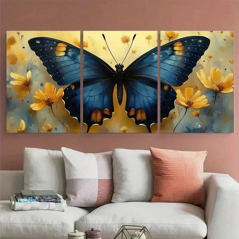 3pcs Elegant Butterfly Blue and Yellow Floral Metal Print Ready to Hang Art - Bella Home Decor