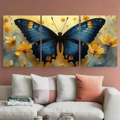 3pcs Elegant Butterfly Blue and Yellow Floral Metal Print Ready to Hang Art - Bella Home Decor