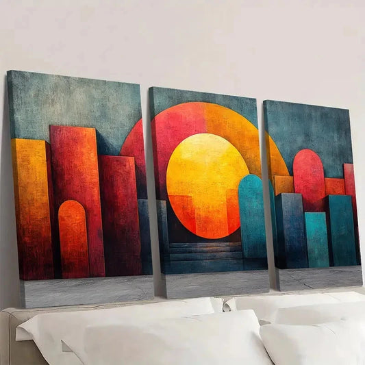 3pcs Color Block Geometric Shapes CB Framed Wall Art Set Canvas Framed 50x70cm - High Quality Print 100% Australian Made Wall Canvas Ready to Hang