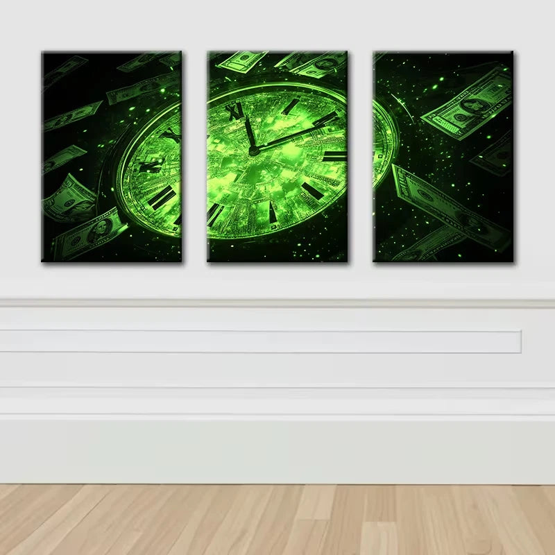 3pcs Time is money Illustration Wall Art Set Canvas Framed 50x70cm - High Quality Print 100% Australian Made Wall Canvas Ready to Hang