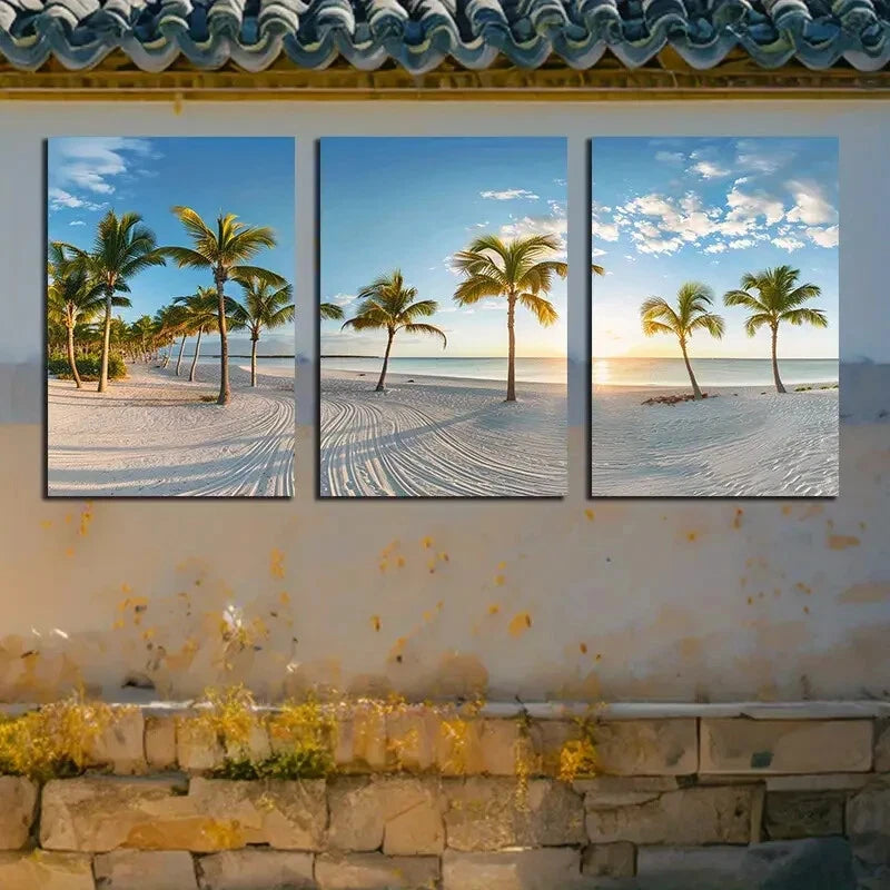 3pcs Beautiful Palm Trees on The Beautiful Beach Metal Print Ready to Hang Art - Bella Home Decor