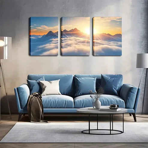 3pcs Serene Mountain Sunrise Scene with Snow Wall Art Set Canvas Unframed - High Quality Print 100% Australian Made Wall Canvas