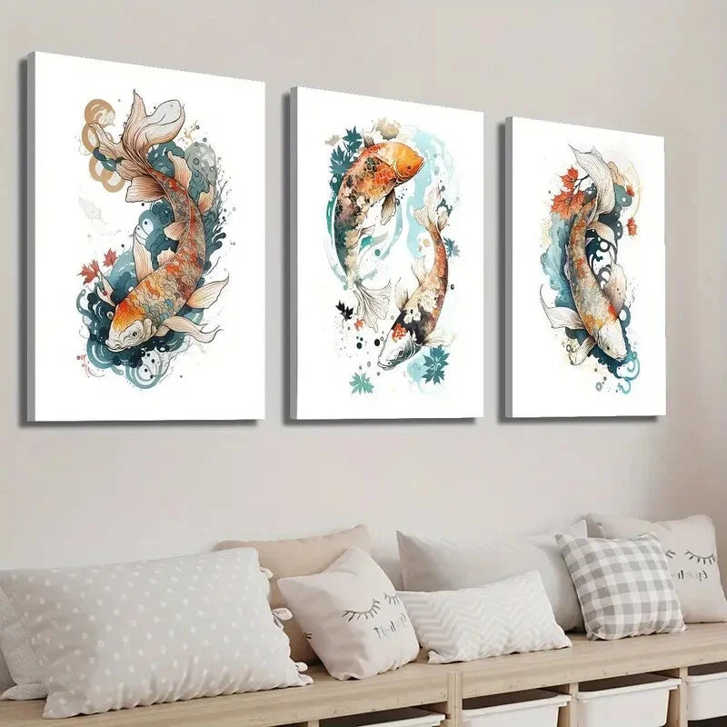 3pcs Japanese Bright Koi Carp Wall Art Set Canvas Framed 40x60cm - High Quality Print 100% Australian Made Wall Canvas Ready to Hang