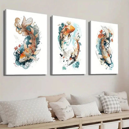 3pcs Japanese Bright Koi Carp Wall Art Set Canvas Framed 40x60cm - High Quality Print 100% Australian Made Wall Canvas Ready to Hang