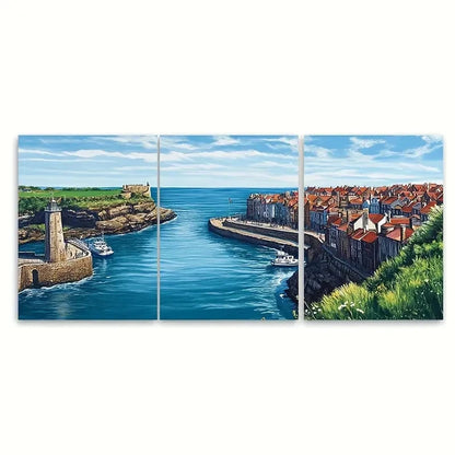 3pcs Harbor town and lighthouse & blue sky  Wall Wall Art Set Canvas Framed 60x90cm - High Quality Print 100% Australian Made Wall Canvas Ready to Hang