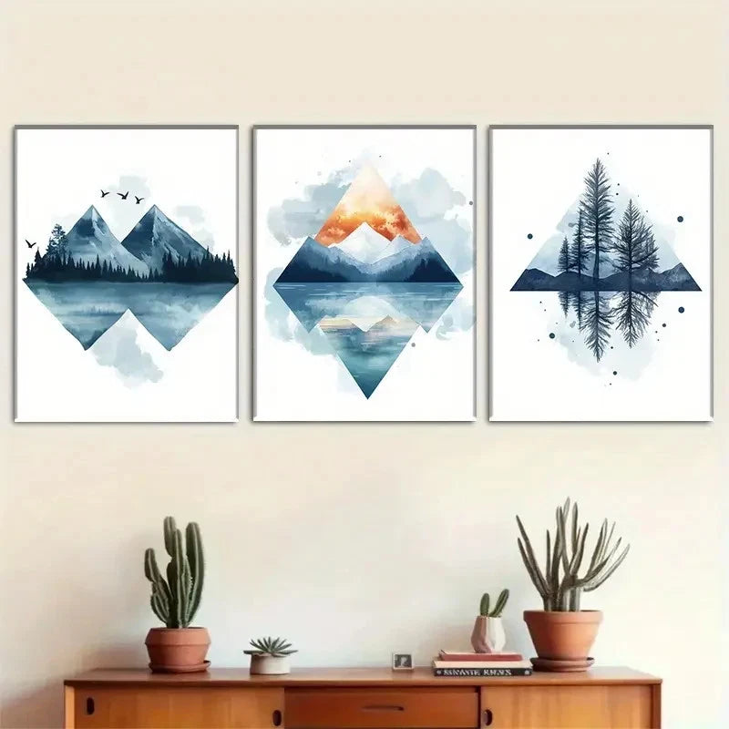 3pcs Geometric Mountain Forest Triptych Metal Print Ready to Hang Art - Bella Home Decor