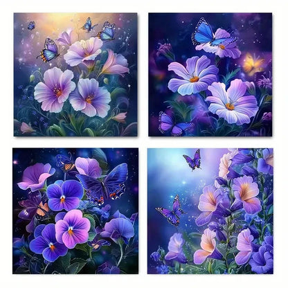 4pcs Purple,Blue, & Yellow Flowers,Sparkling But Wall Art Canvas Framed