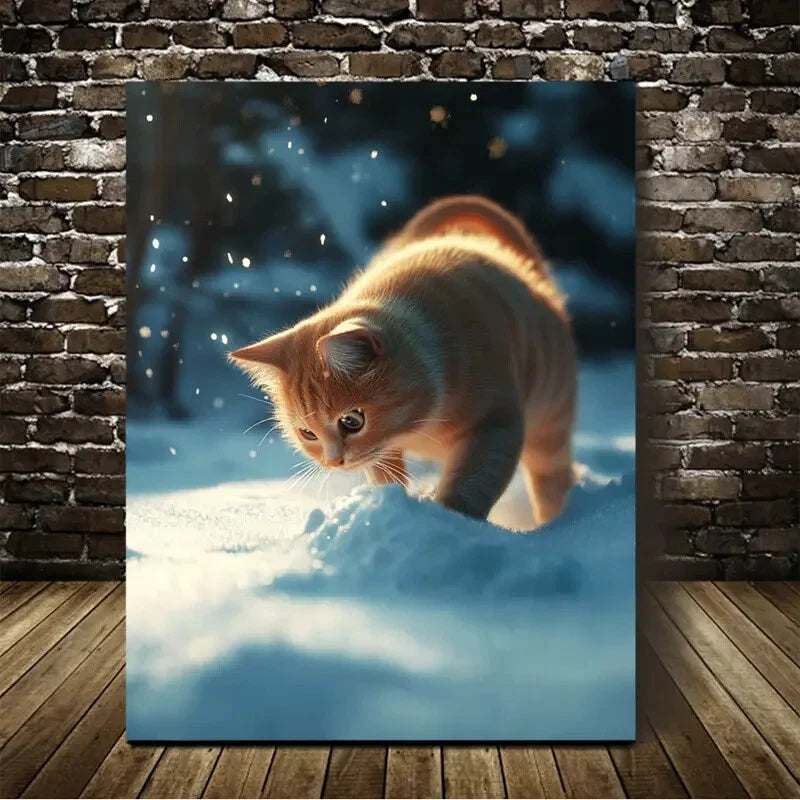 Beautiful Magical Cat On The Snow Painting 40x60cm Metal Print Ready to Hang - Bella Home Decor